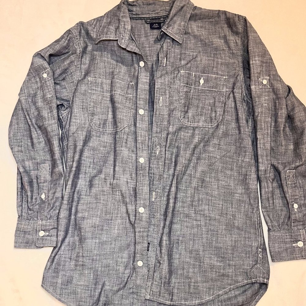 Faux denim button-down blouse